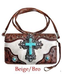 12 Bulk Turquoise Cross Western Wallet - Beige/brown