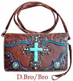 12 Bulk Turquoise Cross Western Wallet - Brown