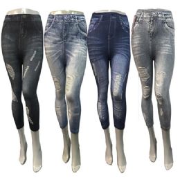 12 Bulk Ripped Denim Print Capri Leggings - Assorted