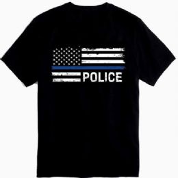 12 Bulk Thin Blue Line Usa Flag "police" T-Shirts - Black M/l/xl