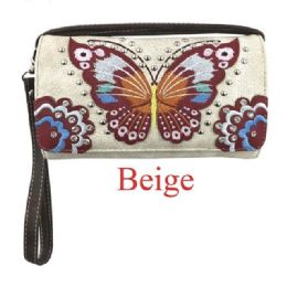 12 Bulk Western Butterfly Wallet With Studs - Beige
