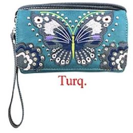 12 Bulk Western Butterfly Wallet With Studs - Turquoise
