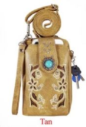 12 Bulk Wholesale Flower Design Studded Rhinestone Phone Wallet Tan