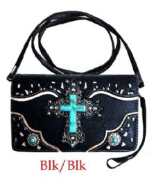 12 Bulk Turquoise Cross Western Wallet - Black