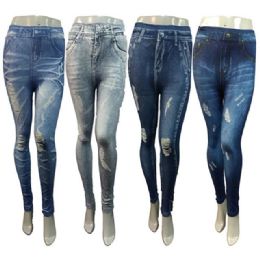 12 Bulk Ripped Denim Print Capri Leggings - Assorted