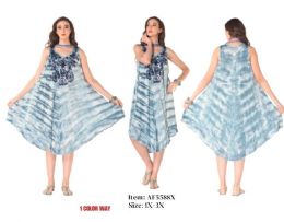 12 Bulk Plus Size Wet Dye Embroidered Rayon Dresses - Blue