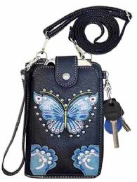 12 Bulk Blue Butterfly Phone Wallet - Black