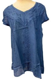 12 Bulk Embroidered Short Sleeve Floral Indian Dresses - Blue