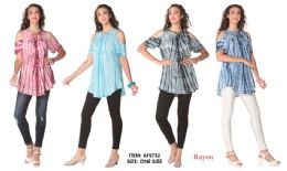 12 Bulk Rayon Open Shoulder Checkerboard Tie Dye Tops - Assorted