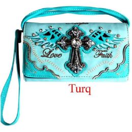 12 Bulk Love & Faith Rhinestone Cross Wallet - Turquoise