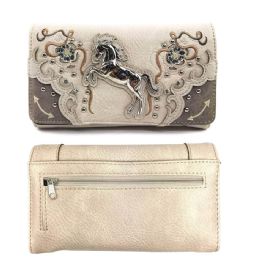 12 Bulk Zelris Western Floral Horse Trifold Wallet - Beige