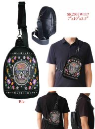 12 Bulk Colorful Sugar Skull Crossbody Backpack - Black