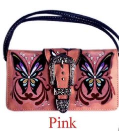 12 Bulk Rhinestone Buckle Butterfly Wallet - Pink