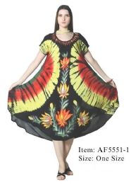 12 Bulk Rayon Tie Dye Tropical Brush Paint Dresses - Rasta Color