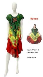 12 Bulk Rayon Tie Dye Floral Brush Paint Dresses - Rasta Color