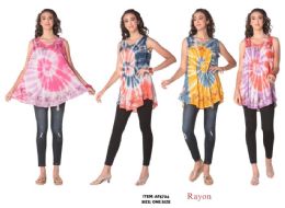 12 Bulk Colorful Rayon Tie Dye Swirl Tops - Assorted