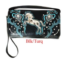 12 Bulk Zelris Western Floral Horse Trifold Wallet - Black