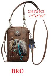 12 Bulk Horse Embroidery Phone Wallet - Brown