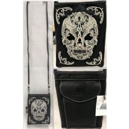 12 Bulk Crossbody Phone Bags - Black & White Skull