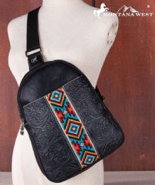 12 Bulk Montana West Aztec Embroidery Crossbody Bag - Black