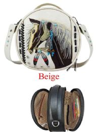 12 Bulk Round Crossbody Bag Embroidery Native Horse Design Beige