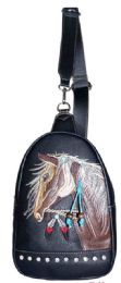 12 Bulk Rhinestone Horse Embroidery Crossbody - Black