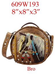 12 Bulk Round Crossbody Bag Embroidery Native Horse Design Brown