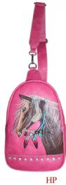 12 Bulk Rhinestone Horse Embroidery Crossbody - Hot Pink