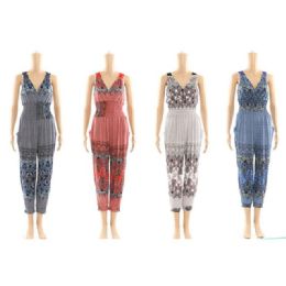 12 Bulk Long Romper Jumpsuits With Pattern Print - Assorted