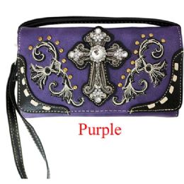 12 Bulk Rhinestone Cross Scrollwork Wallet - Purple
