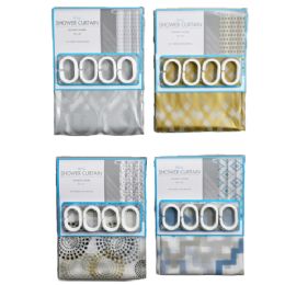 24 Bulk 70-inch x 72-inch Printed Shower Curtain with C-Hooks (4-Assorted)