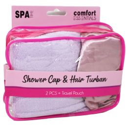 24 Bulk Comfort Essentials Shower Cap & Hair Turban Set