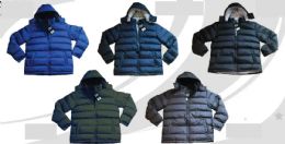 12 Bulk Mens Woven Padded Bubble Jacket With Zip Off Hood And Polar Fleece Lining Assorted Sizes M-2xl Black