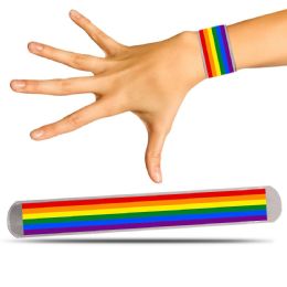 72 Bulk Silver Rainbow Pride Slap Bracelets