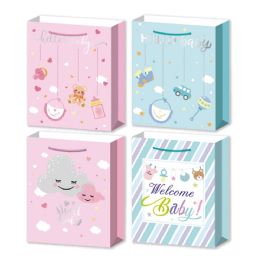 72 Bulk Baby Gift Bag 3d+glt Xl 72s 13x18x5.5" 4-Dsgns