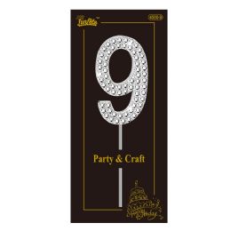 24 Bulk Rhinestone Cake Topper #9 W/stick 1x1.6" Silver