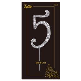 24 Bulk Rhinestone Cake Topper #5 W/stick 2x4-inch Silver
