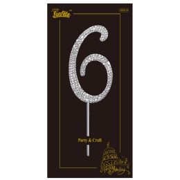 24 Bulk Rhinestone Cake Topper #6 W/stick 2x4-inch Silver