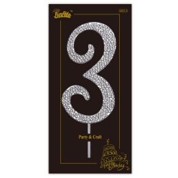 24 Bulk 97260 Rhinestone Cake Topper #3 W/stick 2x4-inch Silver