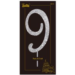24 Bulk Rhinestone Cake Topper #9 W/stick 2x4-inch Silver