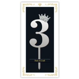 24 Bulk B'day Cake Topper #3 Silver 4x3x7-inch