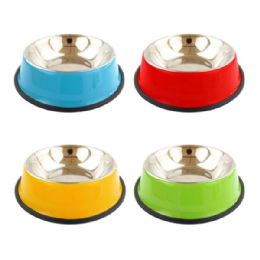 12 Bulk 6.2-inch Assorted Color Stainless Steel Pet Feeding Bowl With Rubber Bottom