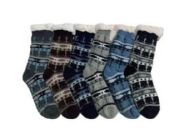 72 Bulk Anchor Design Men's Sherpa Socks Assorted Dark Colors