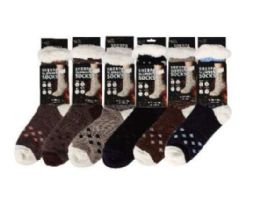 72 Bulk Diamond Accent Men's Sherpa Socks Assorted Dark Colors