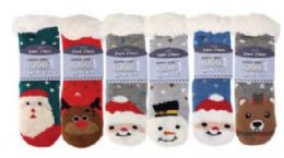 72 Bulk Kid's Cozy Santa And Friends Sherpa Socks