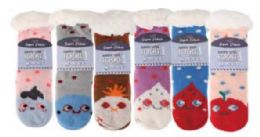 72 Bulk Kid's Cute Face Applique Sherpa Socks