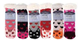 72 Bulk Kid's Heart And Kitten Sherpa Socks