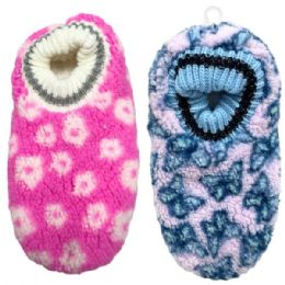 12 Bulk Fuzzy Babba 1-count Footable Girls Slipper In Assorted Designs And Sizes