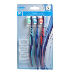 36 Bulk Toothbrush Adult 3pk W/travel Caps 2ast Soft Bristle Hba Blc