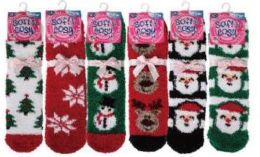 144 Bulk Santa, Snowman, Reindeer Fuzzy Socks